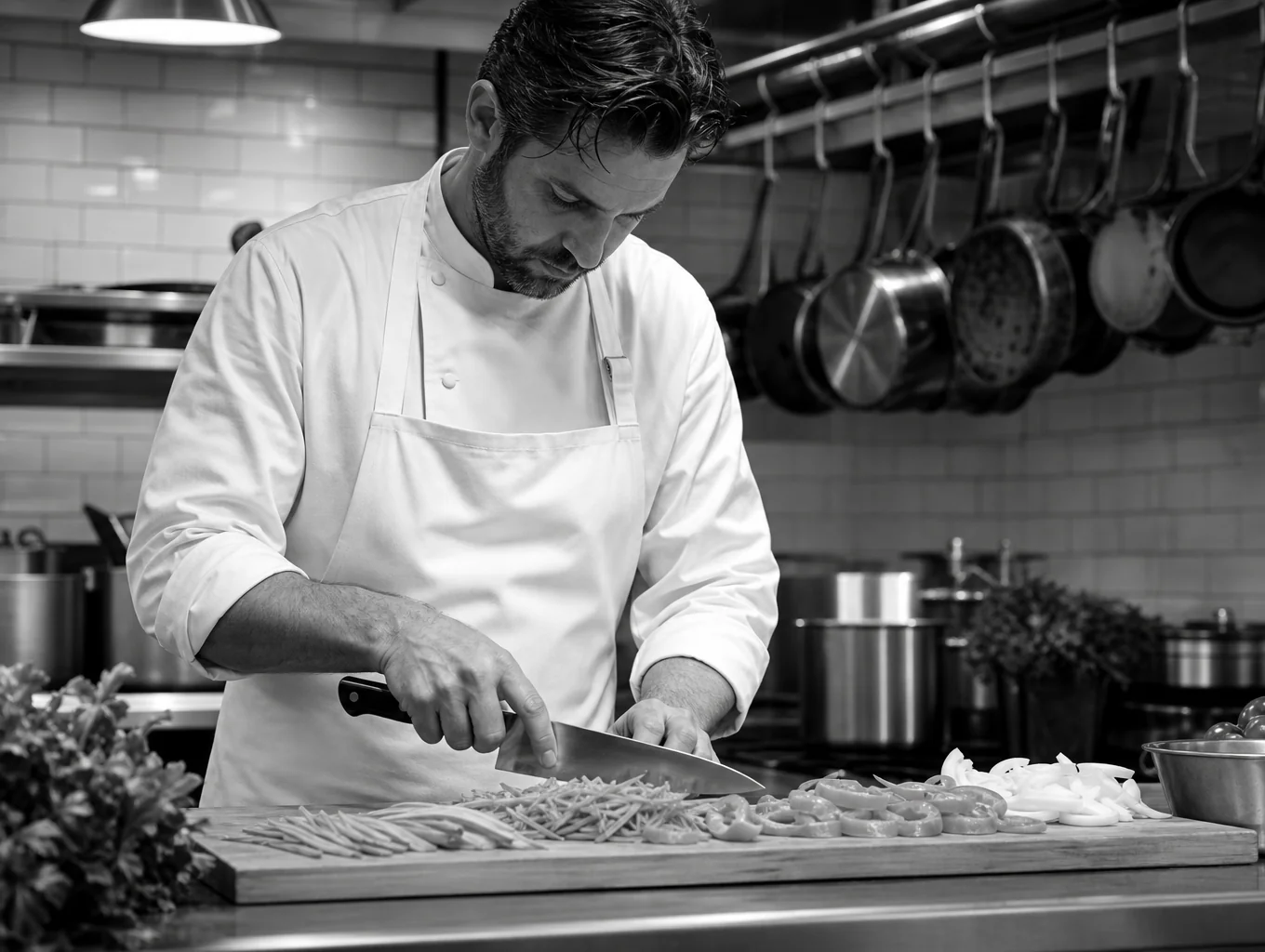 Chef preparing fresh seasonal vegetables in our open kitchen