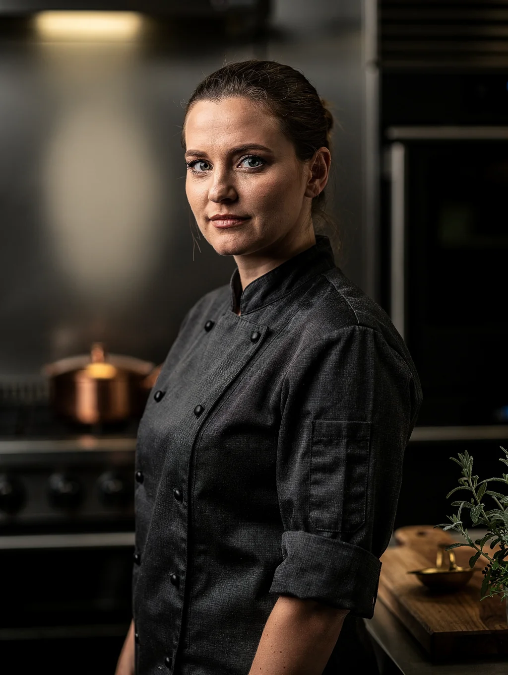 Chef Elena Vance preparing fresh seasonal greens in the bistro kitchen