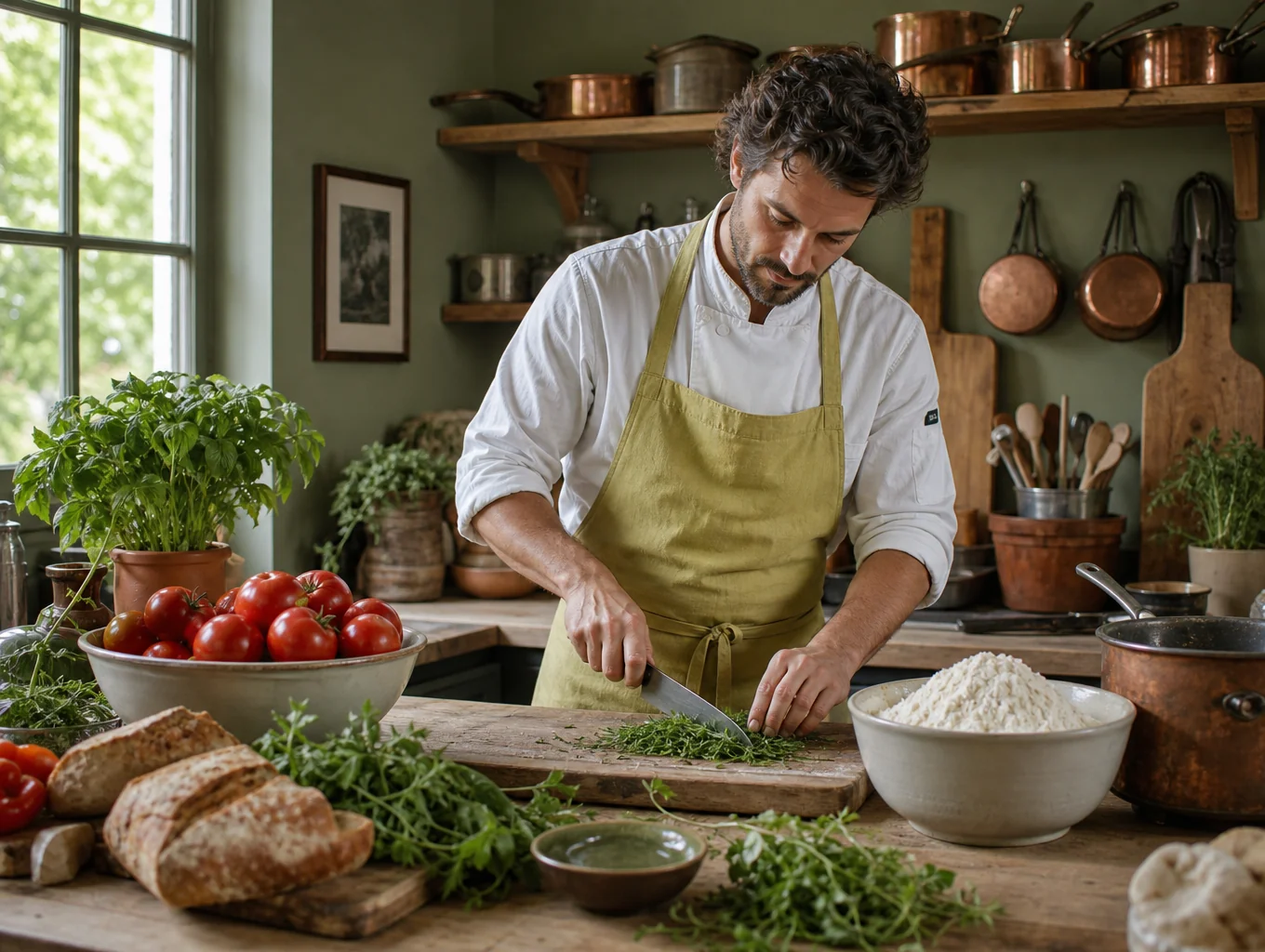 Chef preparing seasonal dish in open kitchen
